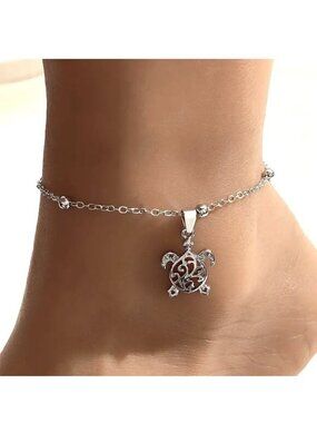 Sea Turtle Anklet Ornate Beads Dangle Beach Vacation Stylish Trendy Silver Ocean